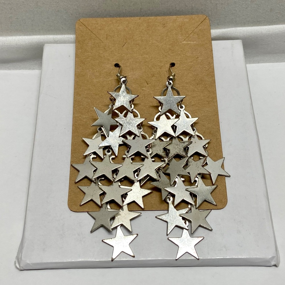 Vintage Chandelier Star Earrings 3" Dangle Drop Silver Tone Fashion Jewelry EUC